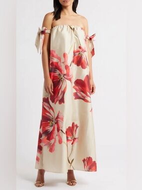 Hutch Cream Maxi Dress with Red Floral Motif